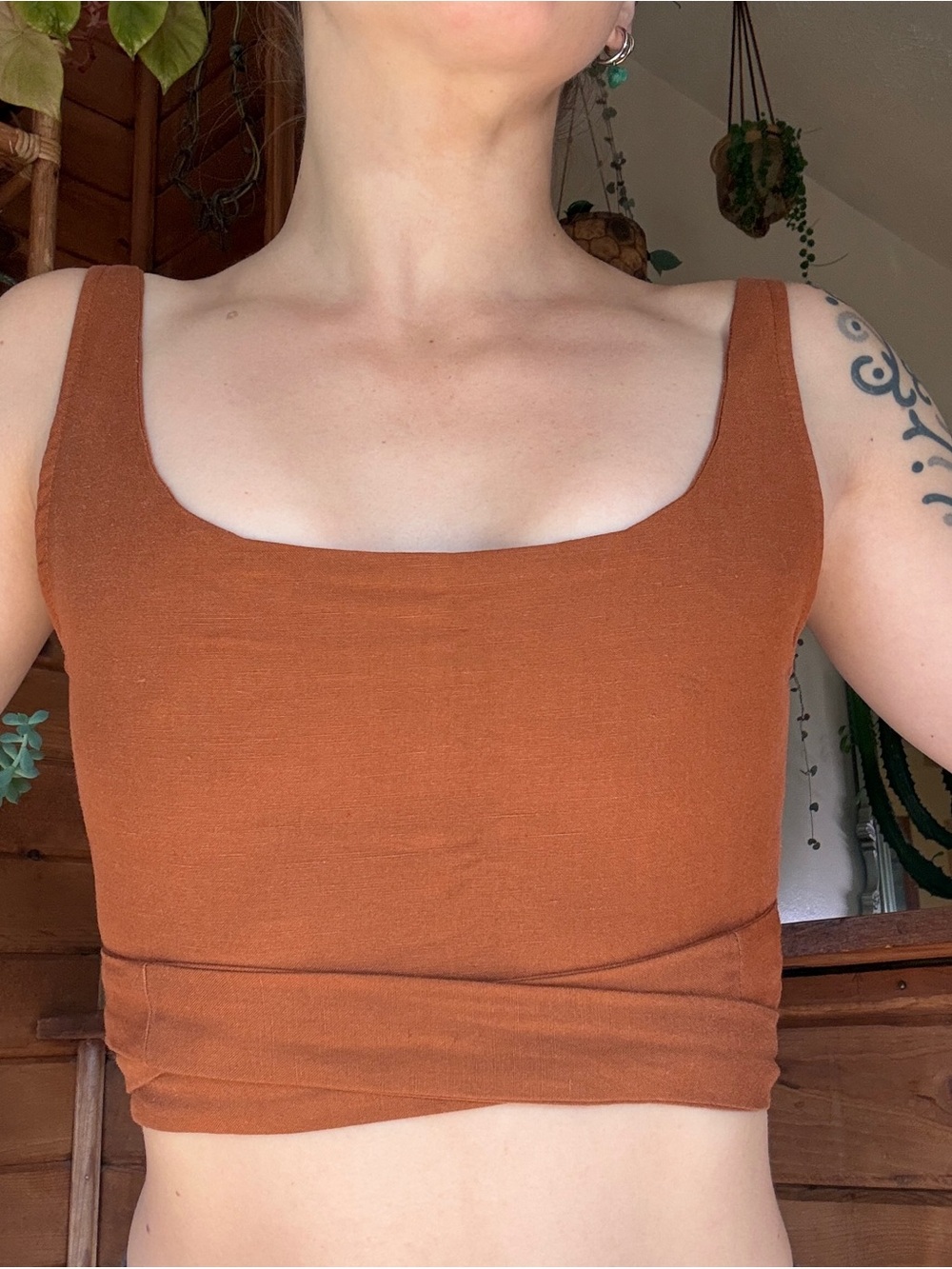 Square Neck Rust Wrap Tie Crop Top - Sleeveless